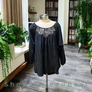 EUC [Rebecca Taylor] Black SILK Silver Beaded Batwing Tunic Blouse | 6 · Small